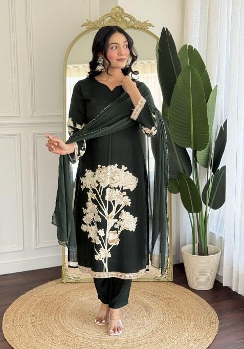 Green Embroidered Blended Kurta Set