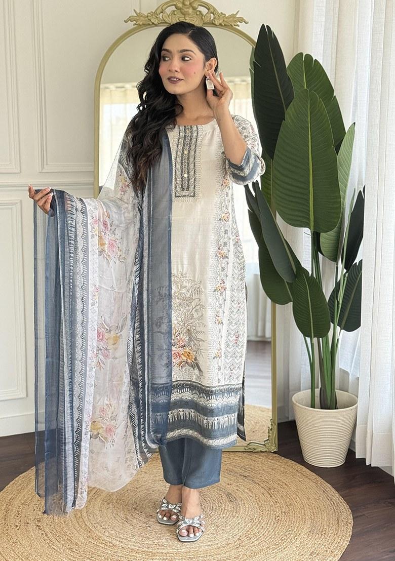 Beige Embroidered Blended Kurta Set - Indya