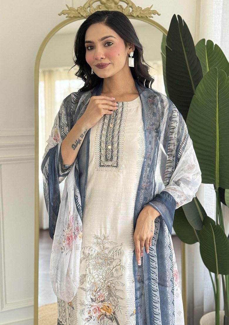 Beige Embroidered Blended Kurta Set - Indya