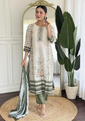 Beige Embroidered Blended Kurta Set