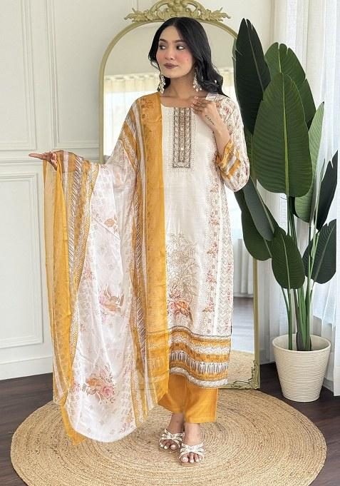 Beige Embroidered Blended Kurta Set