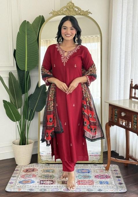 Pink Embroidered Blended Kurta Set