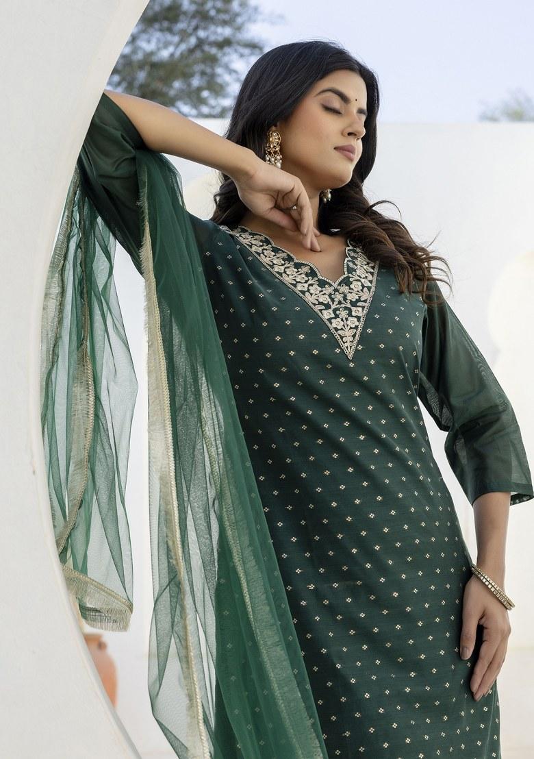 Green Embroidered Blended Kurta Set - Indya