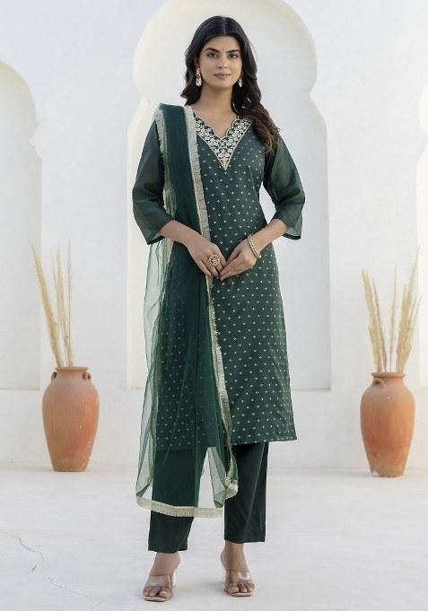 Green Embroidered Blended Kurta Set