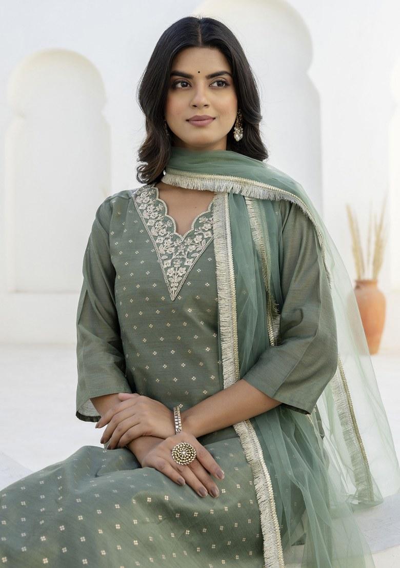 Green Embroidered Blended Kurta Set - Indya