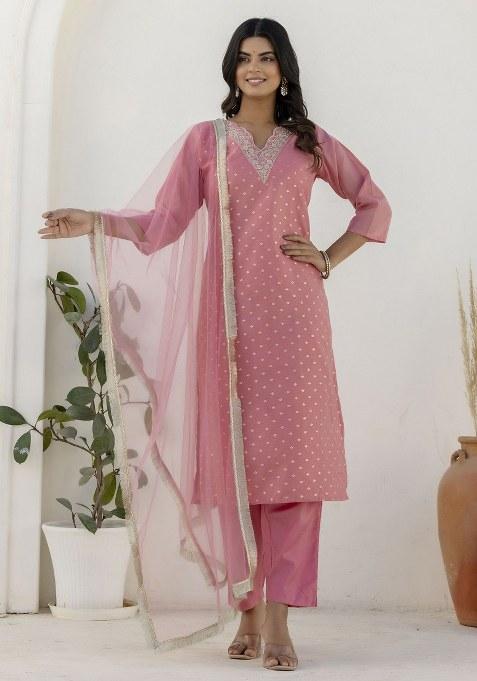 Pink Embroidered Blended Kurta Set