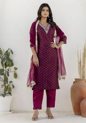 Purple Embroidered Blended Kurta Set