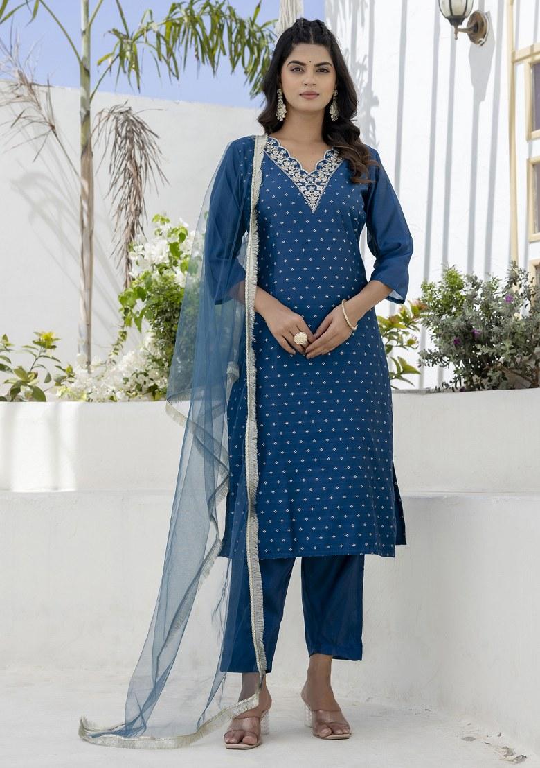 Blue Embroidered Blended Kurta Set - Indya