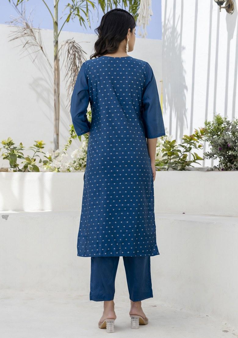 Blue Embroidered Blended Kurta Set - Indya