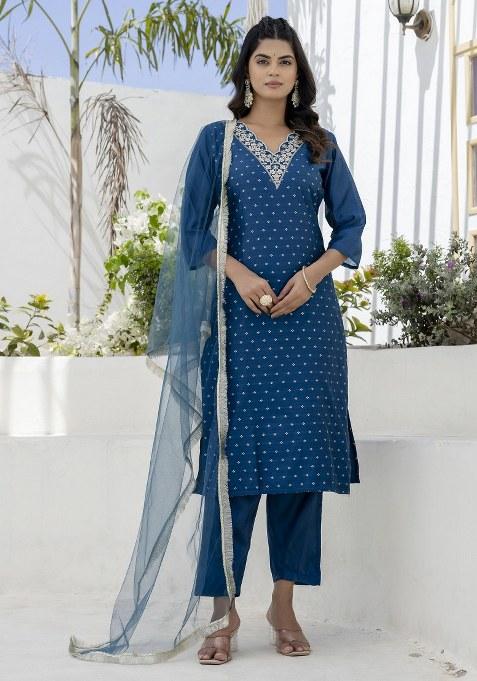 Blue Embroidered Blended Kurta Set