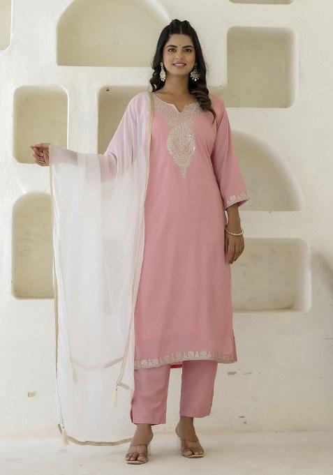 Pink Embroidered Blended Kurta Set