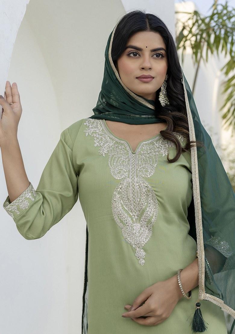 Green Embroidered Blended Kurta Set - Indya