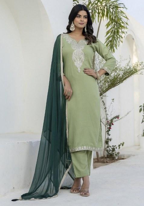 Green Embroidered Blended Kurta Set