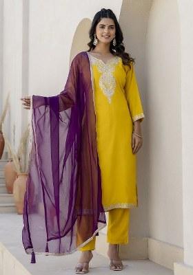 Yellow Embroidered Blended Kurta Set
