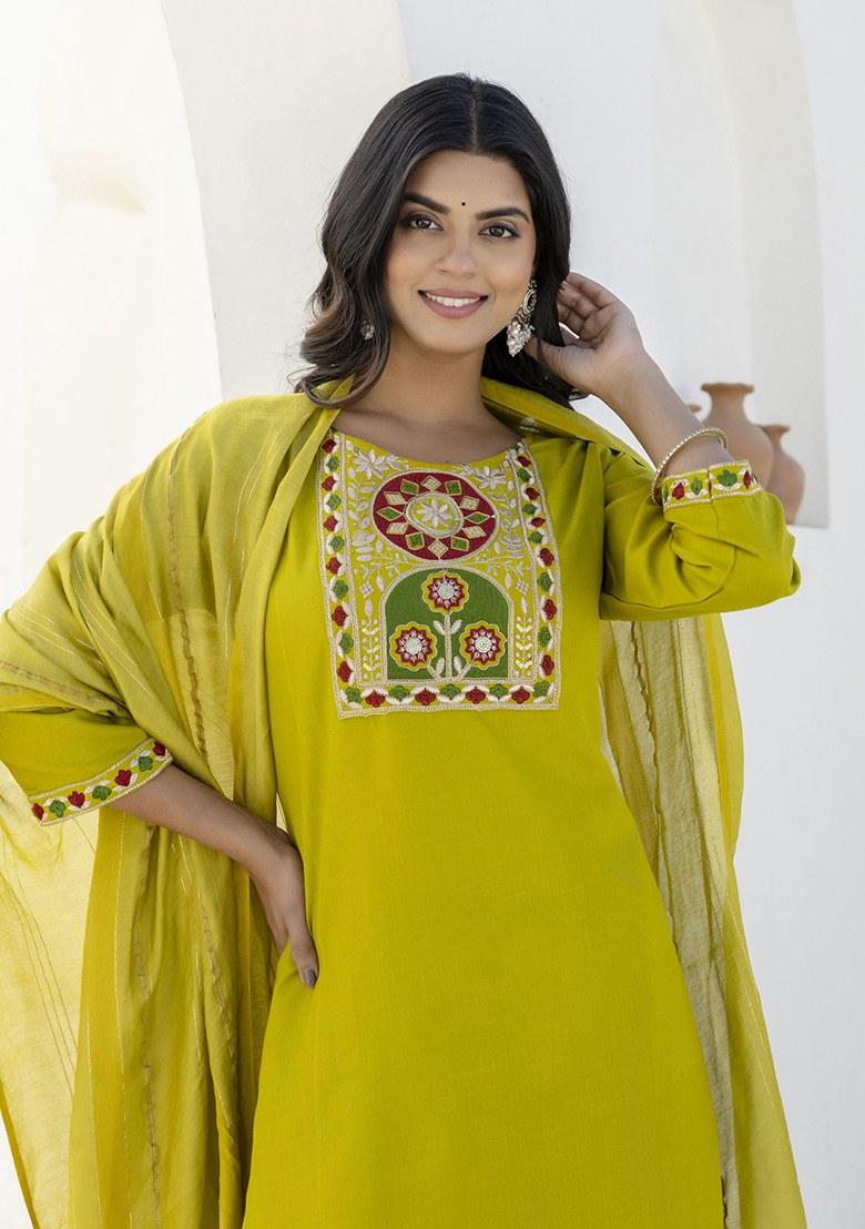 Green Embroidered Blended Kurta Set - Indya