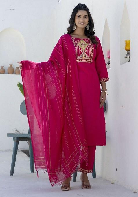 Pink Embroidered Blended Kurta Set