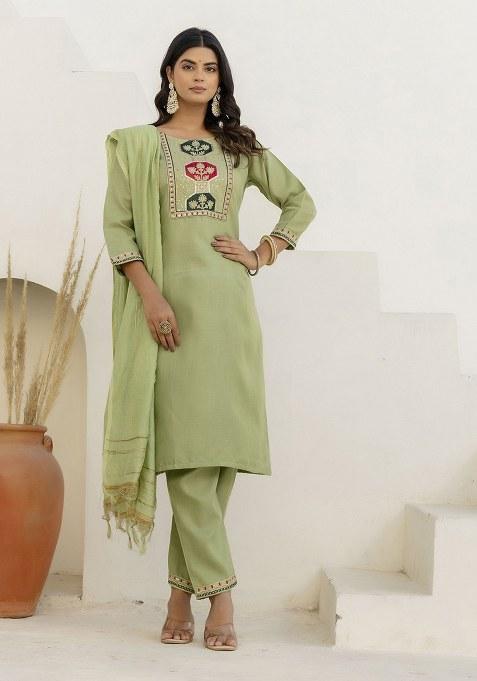Green Embroidered Blended Kurta Set