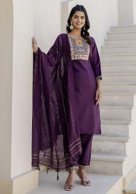 Purple Embroidered Blended Kurta Set