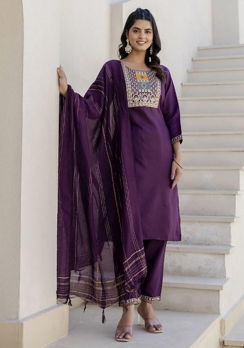 Purple Embroidered Blended Kurta Set