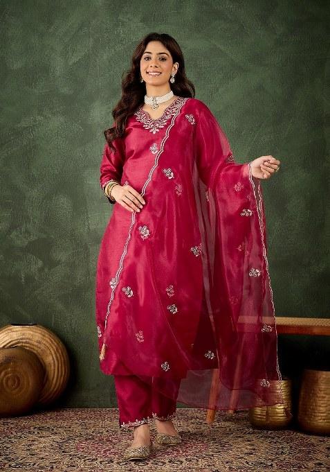 Red Embroidered Blended Kurta Set