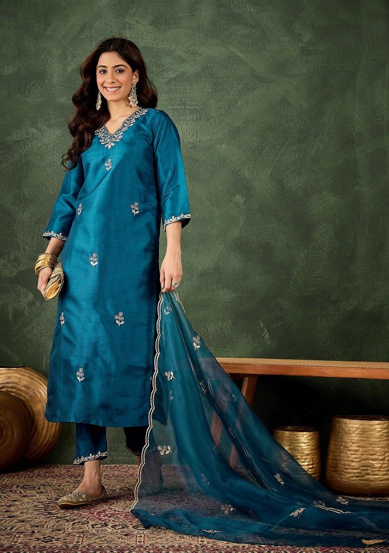 Blue Embroidered Blended Kurta Set - Indya