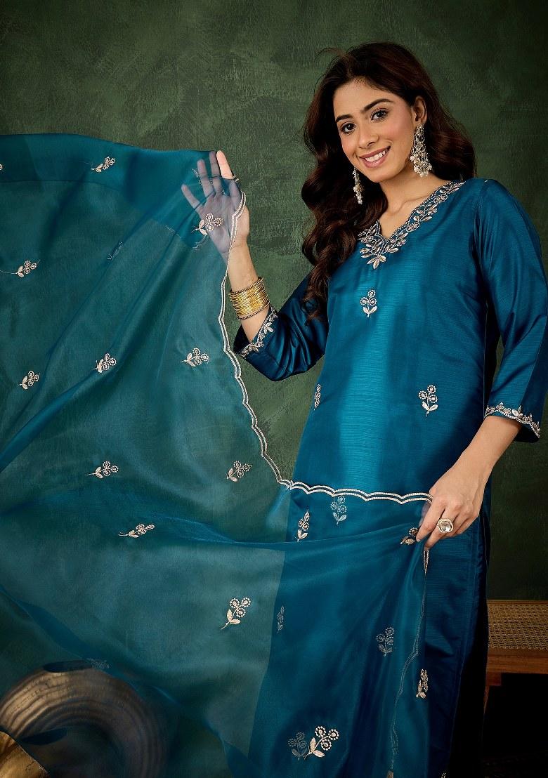 Blue Embroidered Blended Kurta Set - Indya