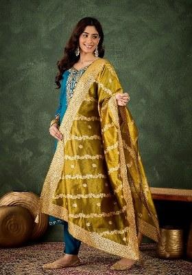 Blue Embroidered Blended Kurta Set