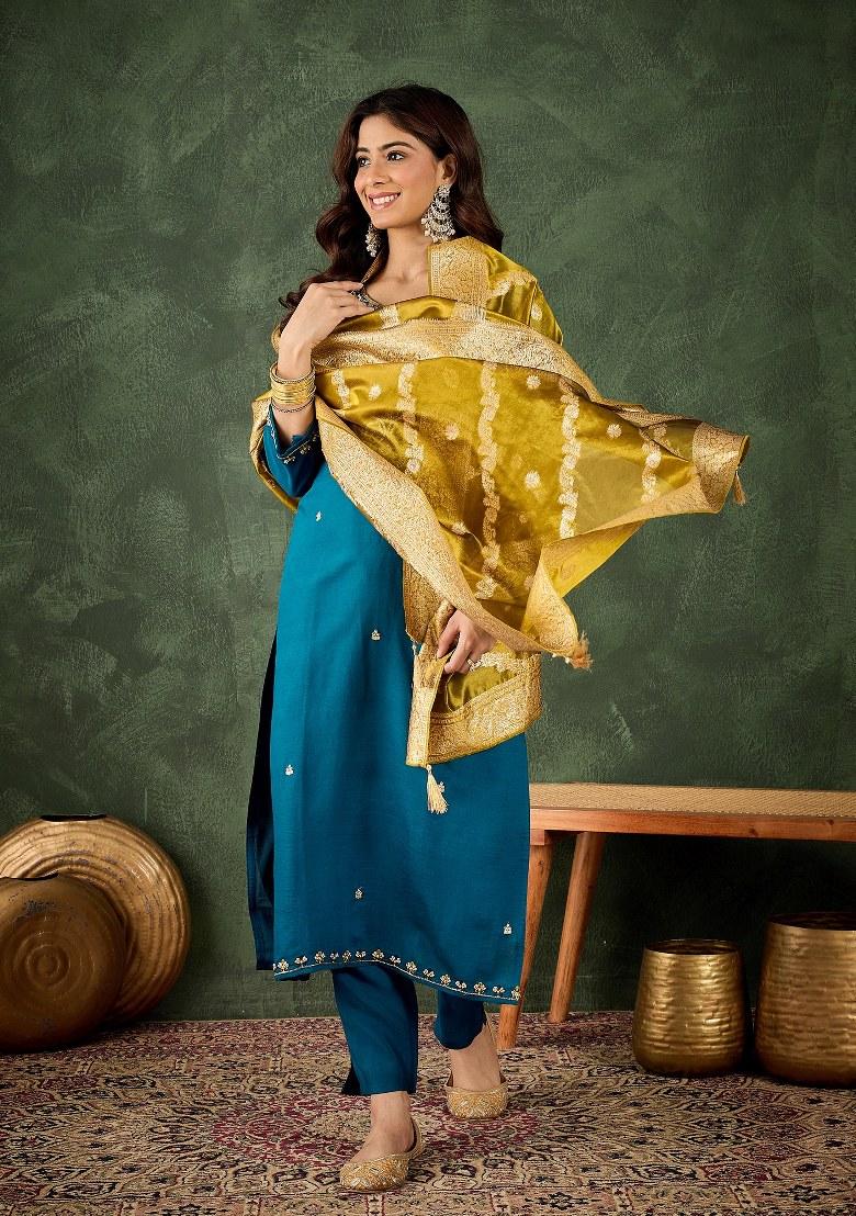Blue Embroidered Blended Kurta Set - Indya