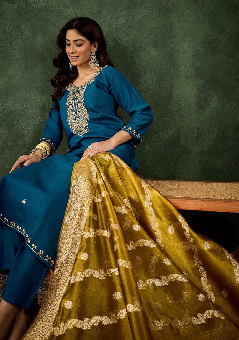 Blue Embroidered Blended Kurta Set - Indya