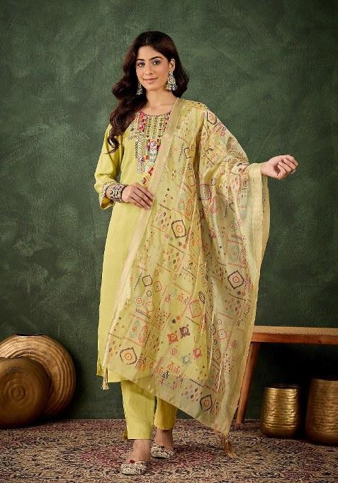 Yellow Embroidered Blended Kurta Set