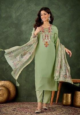 Green Embroidered Blended Kurta Set