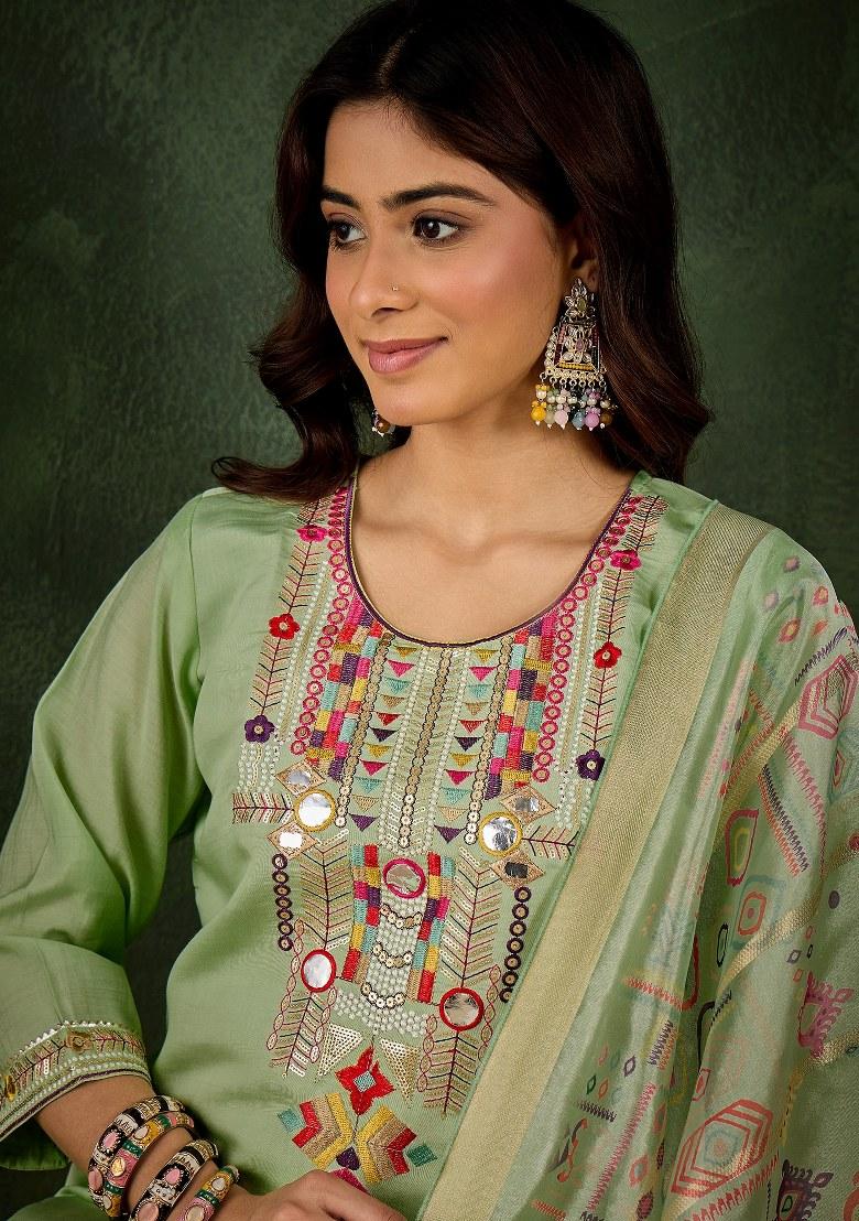 Green Embroidered Blended Kurta Set - Indya