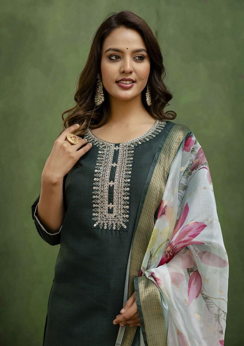 Green Embroidered Blended Kurta Set - Indya