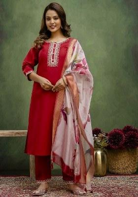 Maroon Embroidered Blended Kurta Set