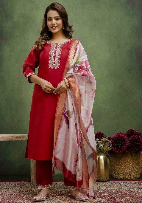 Maroon Embroidered Blended Kurta Set