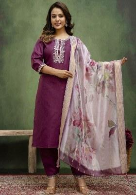 Purple Embroidered Blended Kurta Set