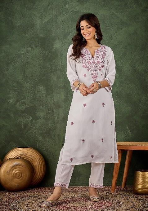 Purple Embroidered Blended Kurta Set