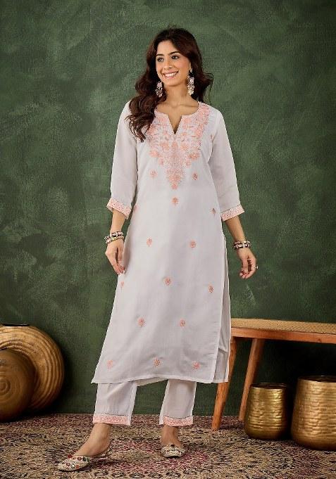 Peach Embroidered Blended Kurta Set