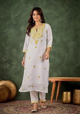 Yellow Embroidered Blended Kurta Set