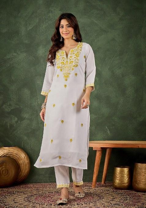 Yellow Embroidered Blended Kurta Set
