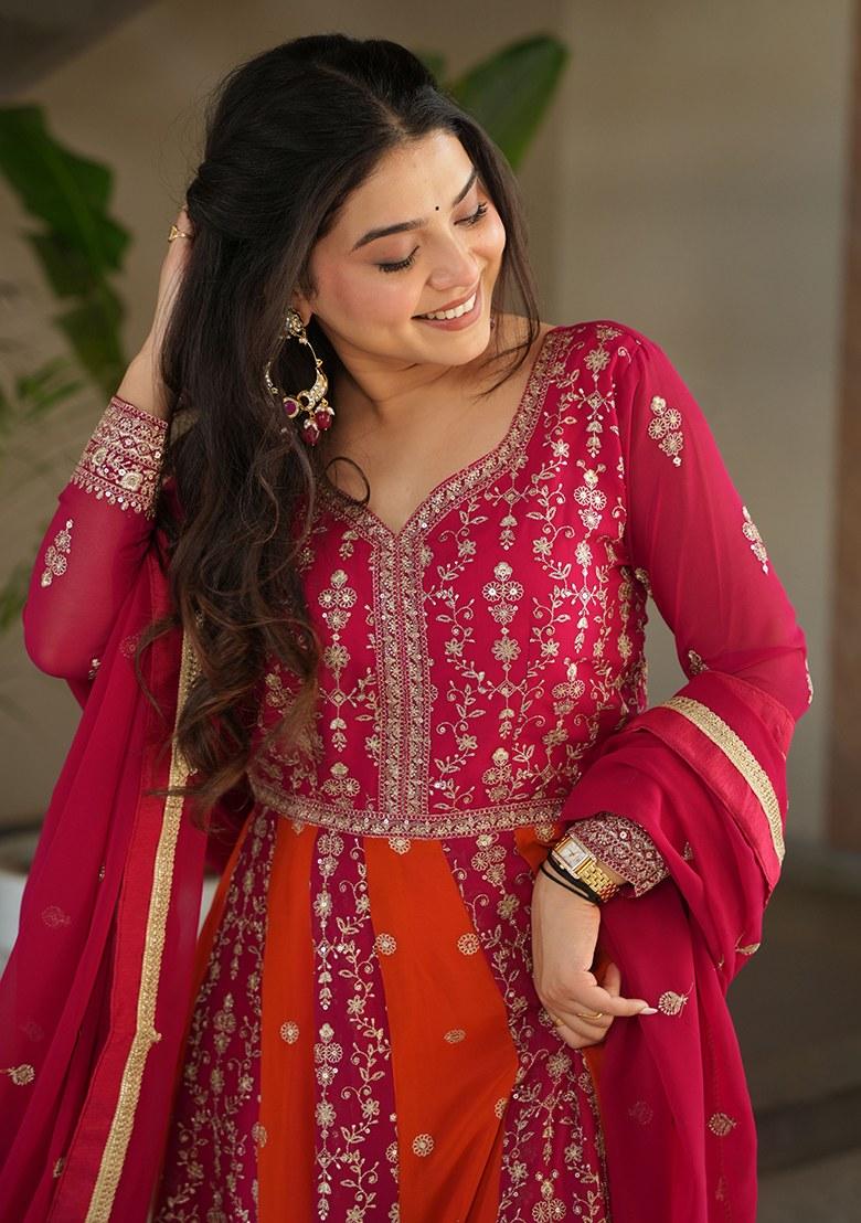 Pink Embroidered Blended Gown With Dupatta
