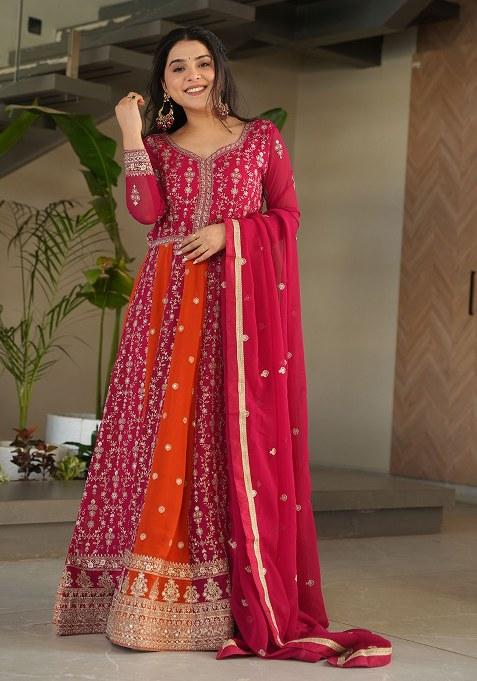 Pink Embroidered Blended Gown With Dupatta