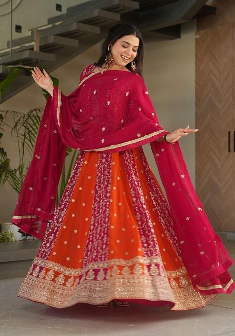 Pink Embroidered Blended Gown With Dupatta