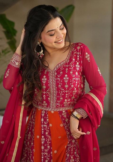 Pink Embroidered Blended Gown With Dupatta