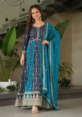 Blue Embroidered Blended Gown With Dupatta