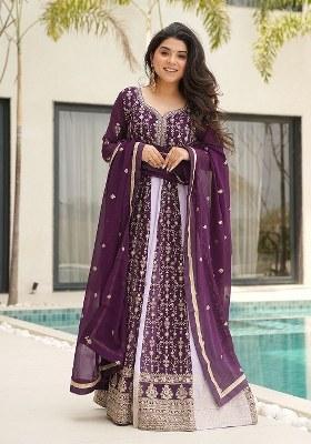 Wine Embroidered Blended Gown With Dupatta