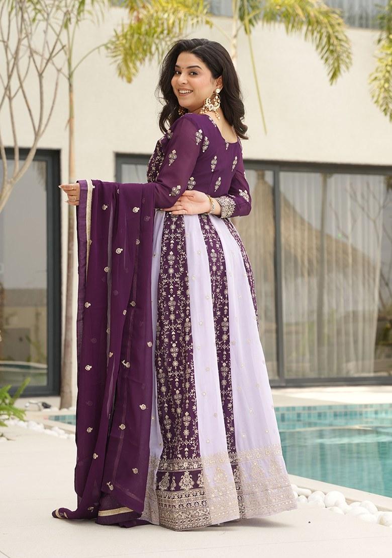 Wine Embroidered Blended Gown With Dupatta