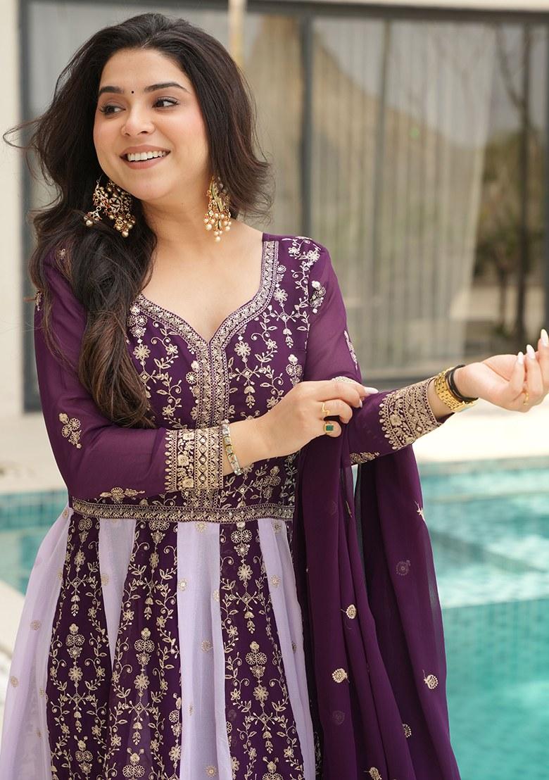 Wine Embroidered Blended Gown With Dupatta