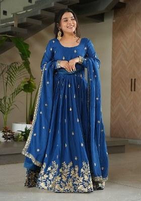 Blue Embroidered Blended Gown With Dupatta