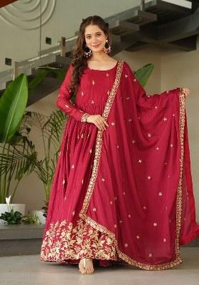 Maroon Embroidered Blended Gown With Dupatta